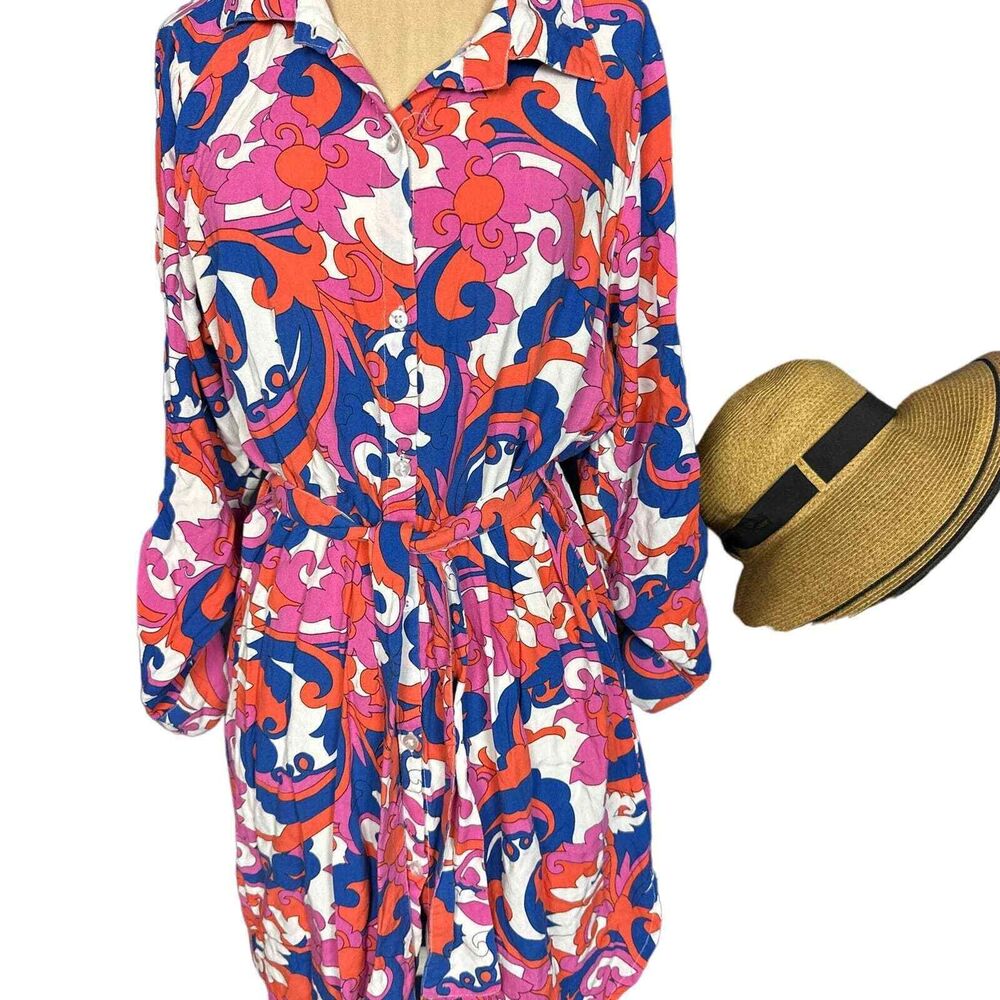 Spoon Jeans Mod Retro 60's Print Multicolored Belted Shirtdress Size Small
